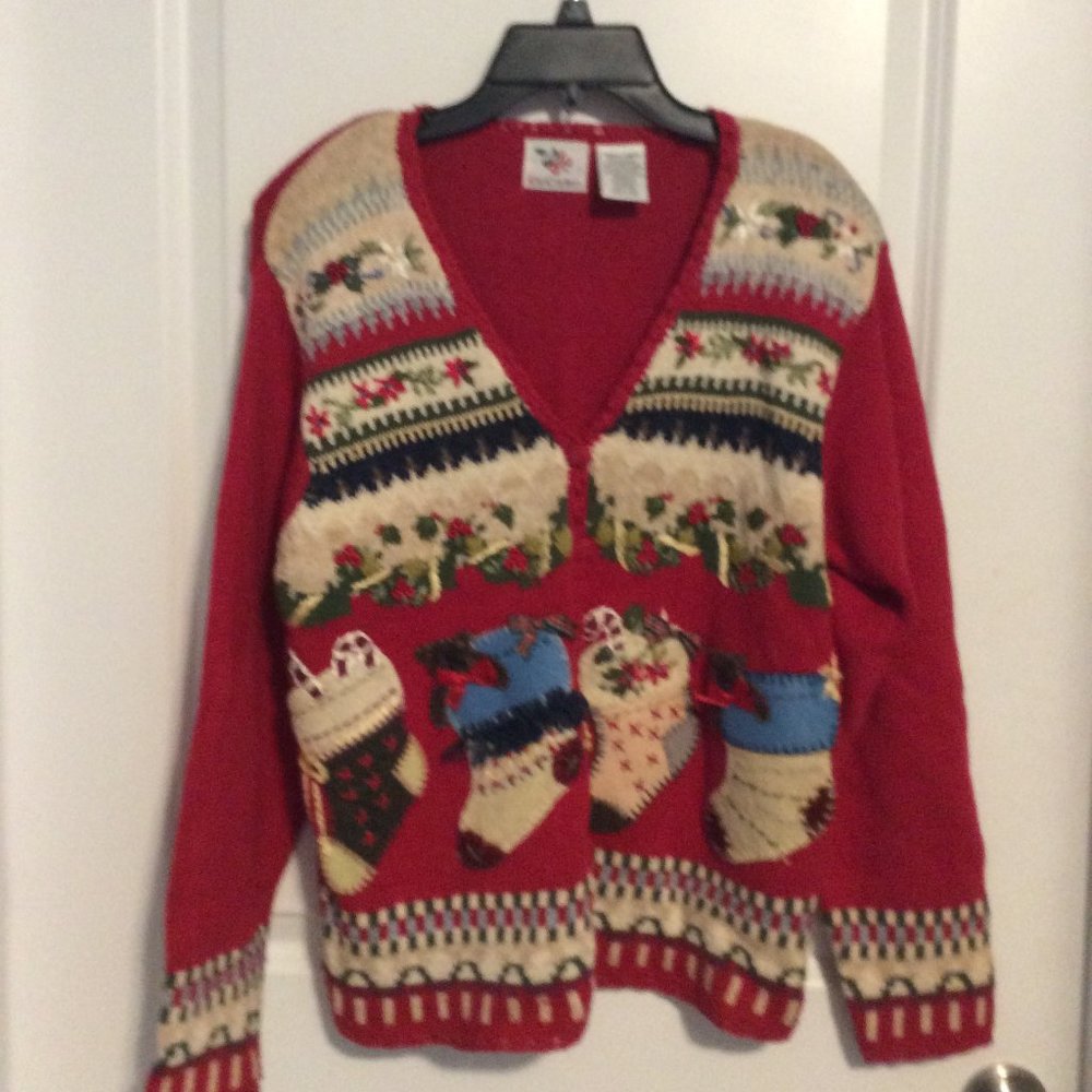 Vintage Nutcracker Sz S Christmas Cardigan Sweater Button Down V Neck Stockings